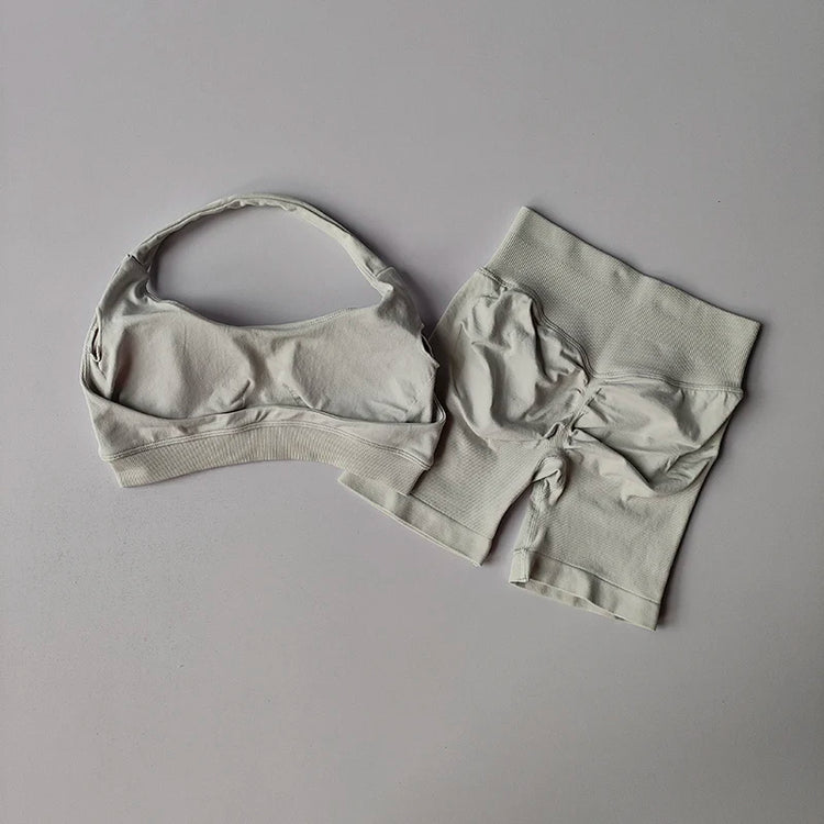 Sexy Halter Neck Beautiful Back High Waist Peach Sports Bras Shorts Suit Pilates Gathering Yoga Vest Training Fitness Bra Sets - Homevera