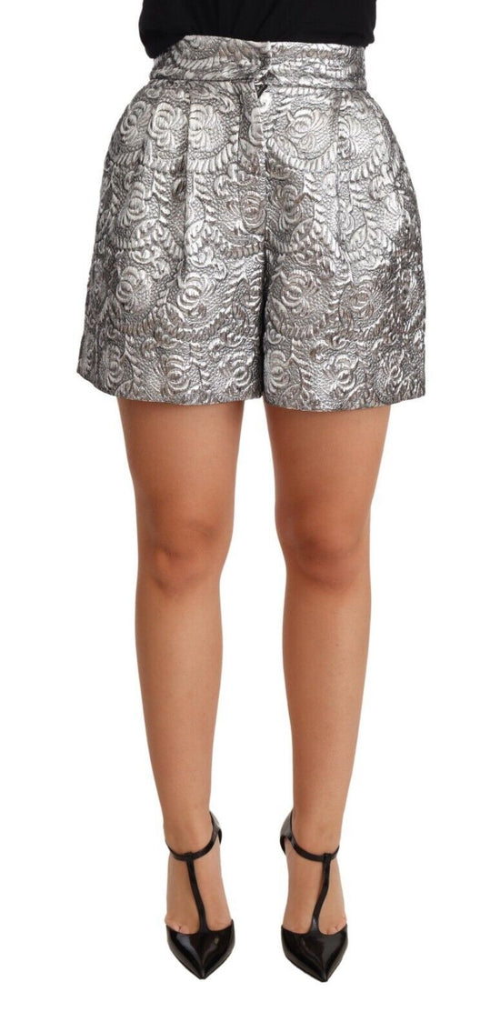 Silver Floral Brocade High Waist Shorts