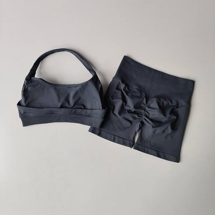 Sexy Halter Neck Beautiful Back High Waist Peach Sports Bras Shorts Suit Pilates Gathering Yoga Vest Training Fitness Bra Sets - Homevera