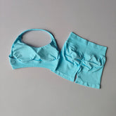 Sexy Halter Neck Beautiful Back High Waist Peach Sports Bras Shorts Suit Pilates Gathering Yoga Vest Training Fitness Bra Sets - Homevera