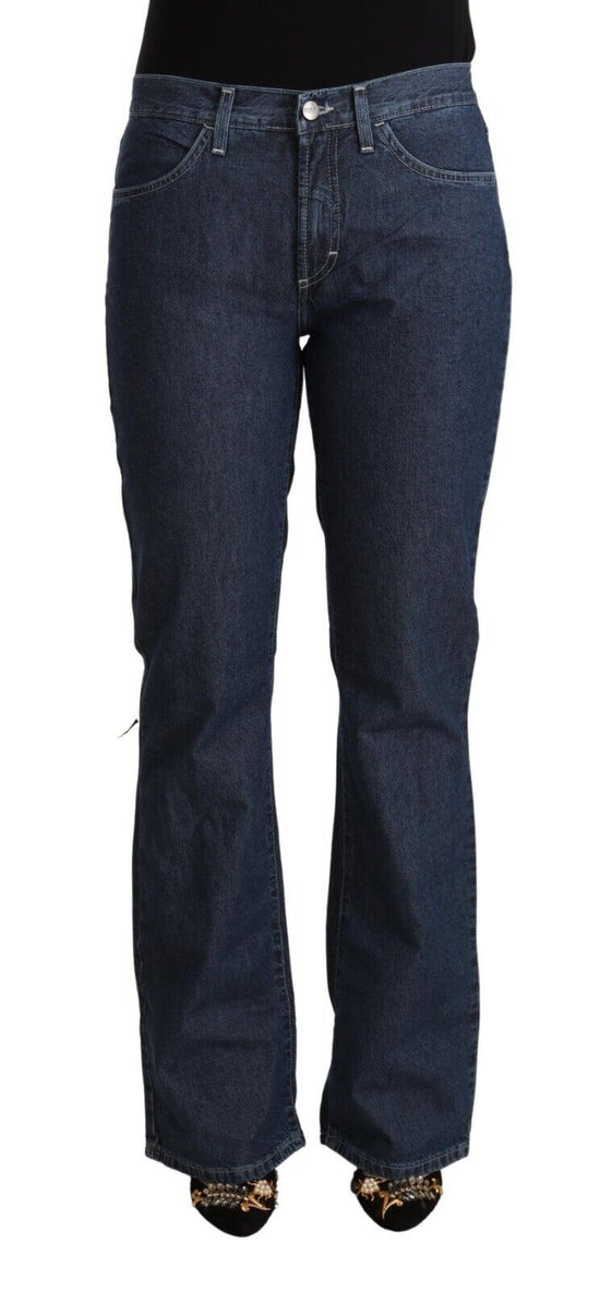 Blue Cotton Mid Waist Flared Denim Jeans