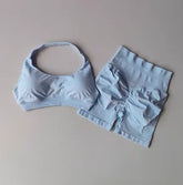 Sexy Halter Neck Beautiful Back High Waist Peach Sports Bras Shorts Suit Pilates Gathering Yoga Vest Training Fitness Bra Sets - Homevera