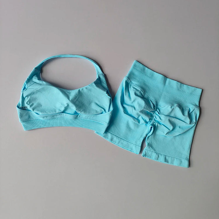 Sexy Halter Neck Beautiful Back High Waist Peach Sports Bras Shorts Suit Pilates Gathering Yoga Vest Training Fitness Bra Sets - Homevera