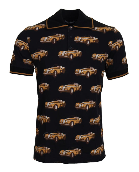 Black Car Print Short Sleeve Polo T-shirt
