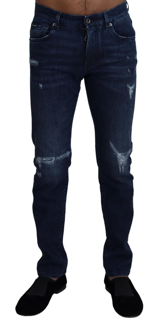 Blue Cotton Skinny Tattered Denim Jeans