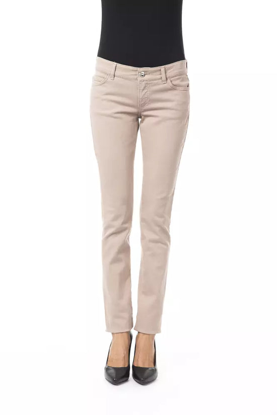 Beige Cotton Women Pant with Back Pocket Chain