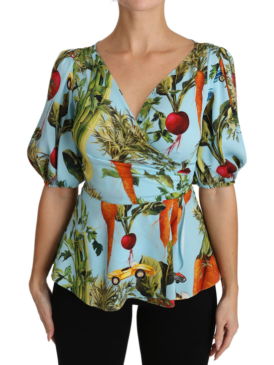 Multicolor Vegetable Print Silk Top Peplum Wrap Blouse