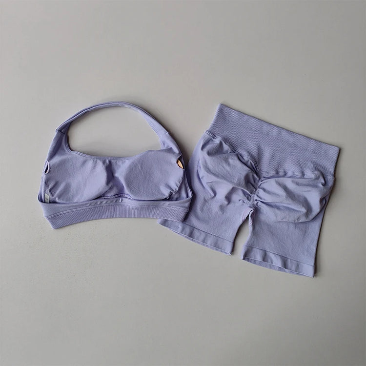 Sexy Halter Neck Beautiful Back High Waist Peach Sports Bras Shorts Suit Pilates Gathering Yoga Vest Training Fitness Bra Sets - Homevera