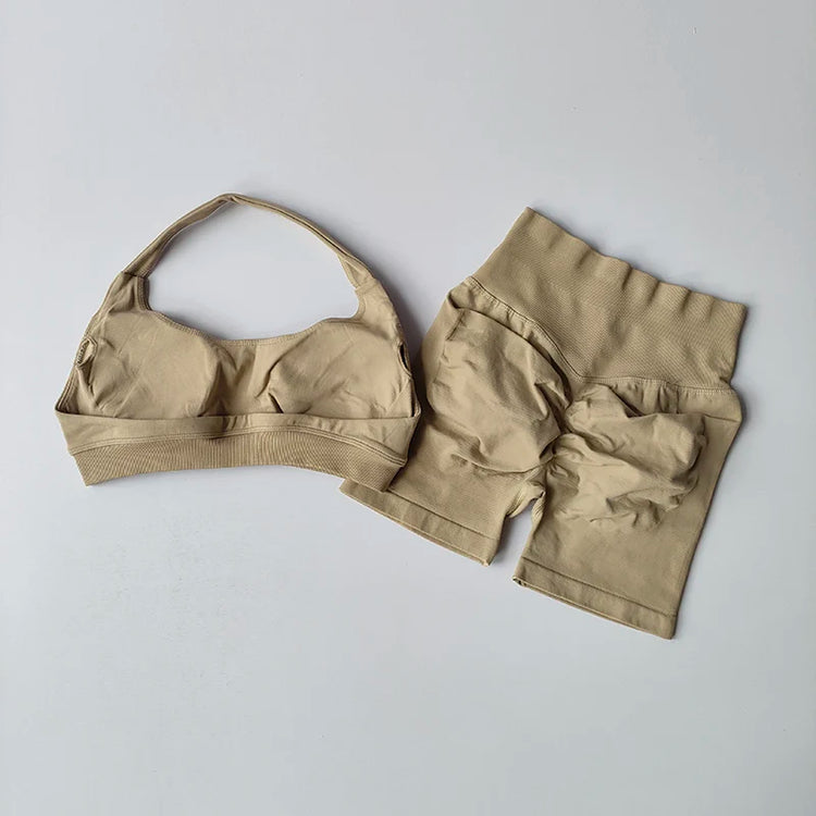 Sexy Halter Neck Beautiful Back High Waist Peach Sports Bras Shorts Suit Pilates Gathering Yoga Vest Training Fitness Bra Sets - Homevera