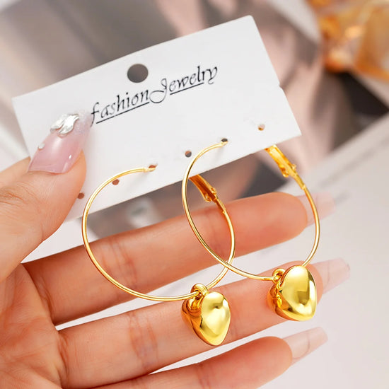 2024 New Heart Pendant Drop Earrings for Women Fashion Gold Color Design Exaggerate Big Circle Hoops Earring Korean Jewelry Gift