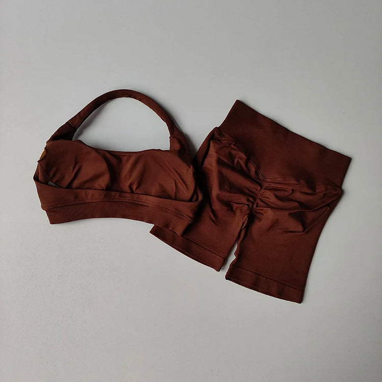 Sexy Halter Neck Beautiful Back High Waist Peach Sports Bras Shorts Suit Pilates Gathering Yoga Vest Training Fitness Bra Sets - Homevera